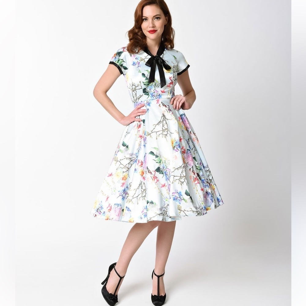 Hearts and roses retro rockabilly pin up Floral satin Dress Black Bow size 4
